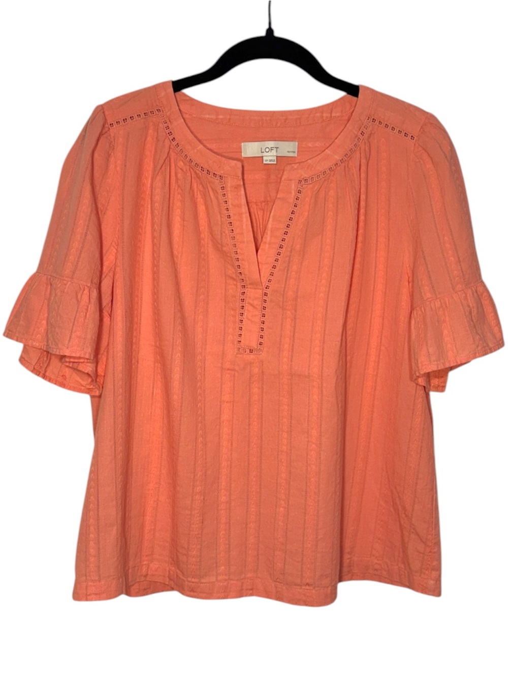 Size LP LOFT Peach Split V-Neck Ruffle Sleeve 100% Cotton Blouse